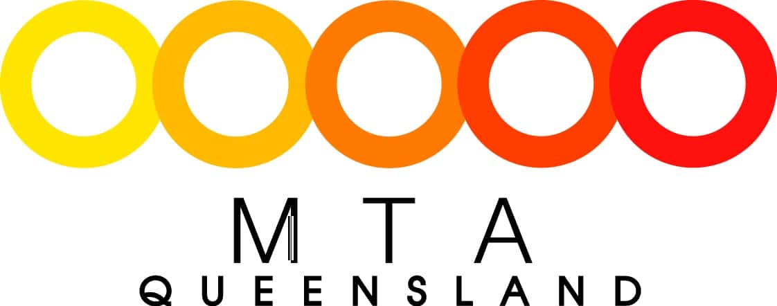 Logo featuring five connected colored rings (yellow to red) above the text 'MTA QUEENSLAND'.